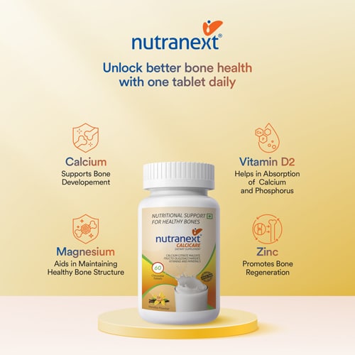 NUTRANEXT® Calcicare l Chewable Calcium Tablets with Vitamin D2, Magnesium & Zinc | Strengthens Bones, Supports Strong Teeth & Promotes Healthy Muscle Contraction | (Veg) Pack of 60 Tablets (Vanilla)