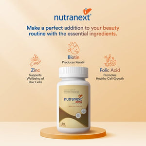 NUTRANEXT® Biotin 10,000 mcg | Enriched with 10,000 MCG Biotin, Zinc & Folic Acid | Healthy, Ultra shiny, Smooth & Voluminous hair | Strong Nails | Healthy skin | 60 Veg. Tablets