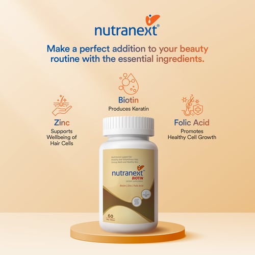 NUTRANEXT® Biotin 10,000 mcg | Enriched with 10,000 MCG Biotin, Zinc & Folic Acid | Healthy, Ultra shiny, Smooth & Voluminous hair | Strong Nails | Healthy skin | 60 Veg. Tablets
