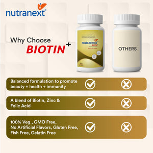 Nutranext® Natural Biotin Plus | Biotin Plus Improves Hair Strength & Skin Radiance | 60 Veg. Tablets