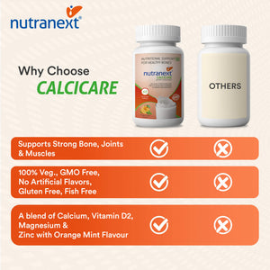 NUTRANEXT® Calcicare l Chewable Calcium Tablets with Vitamin D2, Magnesium & Zinc | Strengthens Bones, Supports Strong Teeth & Promotes Healthy Muscle Contraction | (Veg) Pack of 60 Tablets (Orange & mint)