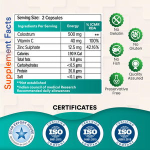 NUTRANEXT® Immucare | Cow Colostrum Nutritional Supplement for Gut Health, To Build Immunity & Overall Health | 60 Veg. Capsules