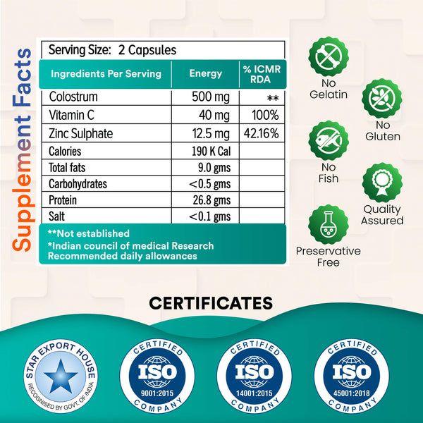 NUTRANEXT® Immucare | Cow Colostrum Nutritional Supplement for Gut Health, To Build Immunity & Overall Health | 60 Veg. Capsules