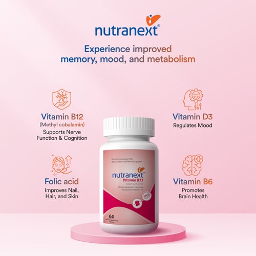 NUTRANEXT® Vitamin B12 1500 MCG (Active form of Methyl cobalamin) Chewable Strawberry Flavor| A blend of Vitamin B12, B6, D3 & Folic acid | Brain, Heart & Cognitive support | 60 Veg. Tablets