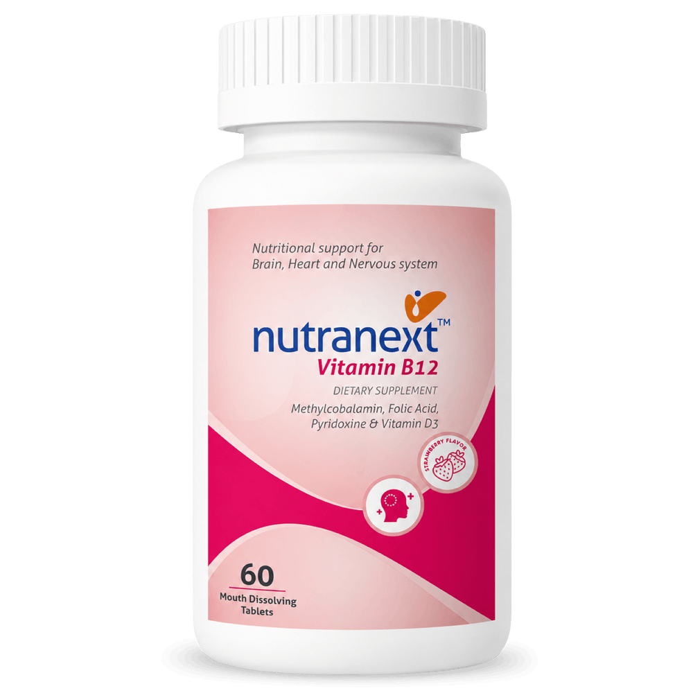 NUTRANEXT® Vitamin B12 1500 MCG (Active form of Methyl cobalamin) Chewable Strawberry Flavor| A blend of Vitamin B12, B6, D3 & Folic acid | Brain, Heart & Cognitive support | 60 Veg. Tablets