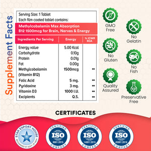 NUTRANEXT® Vitamin B12 1500 MCG (Active form of Methyl cobalamin) Chewable Strawberry Flavor| A blend of Vitamin B12, B6, D3 & Folic acid | Brain, Heart & Cognitive support | 60 Veg. Tablets