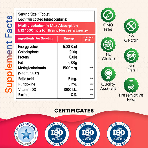 NUTRANEXT® Vitamin B12 1500 MCG (Active form of Methyl cobalamin) Chewable Strawberry Flavor| A blend of Vitamin B12, B6, D3 & Folic acid | Brain, Heart & Cognitive support | 60 Veg. Tablets
