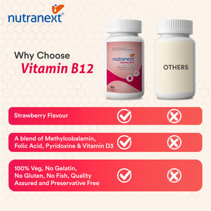 NUTRANEXT® Vitamin B12 1500 MCG (Active form of Methyl cobalamin) Chewable Strawberry Flavor| A blend of Vitamin B12, B6, D3 & Folic acid | Brain, Heart & Cognitive support | 60 Veg. Tablets